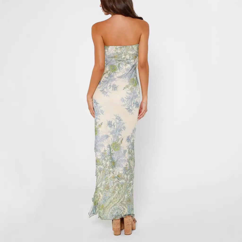 Printed Thigh Split Tube Top Dress