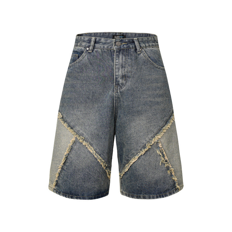Worn Looking Washed-out Multi-colored Rough Edges Denim Shorts High-grade Personality Cropped Pants
