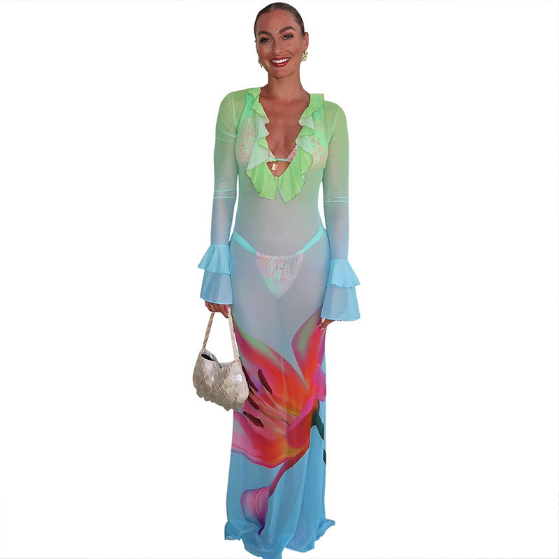 Printed Mesh Long Sleeve Ruffles Long Dress Women