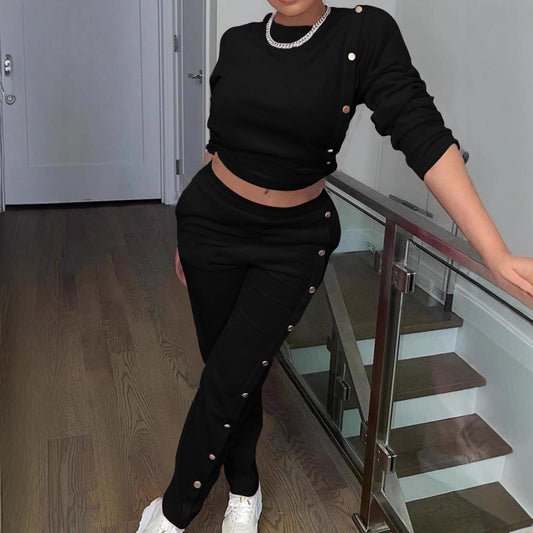 Stylish Casual Sweatshirt Set With Side Button Detailing
