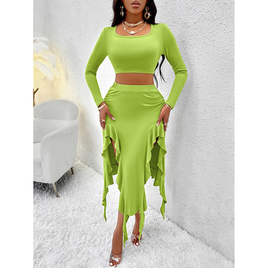 Women Summer 2 Piece Skirt Sets Long Sleeve Square Neck Crop Top Ruffle Trim Irregular Split Sexy Club Party Skirt Outfits