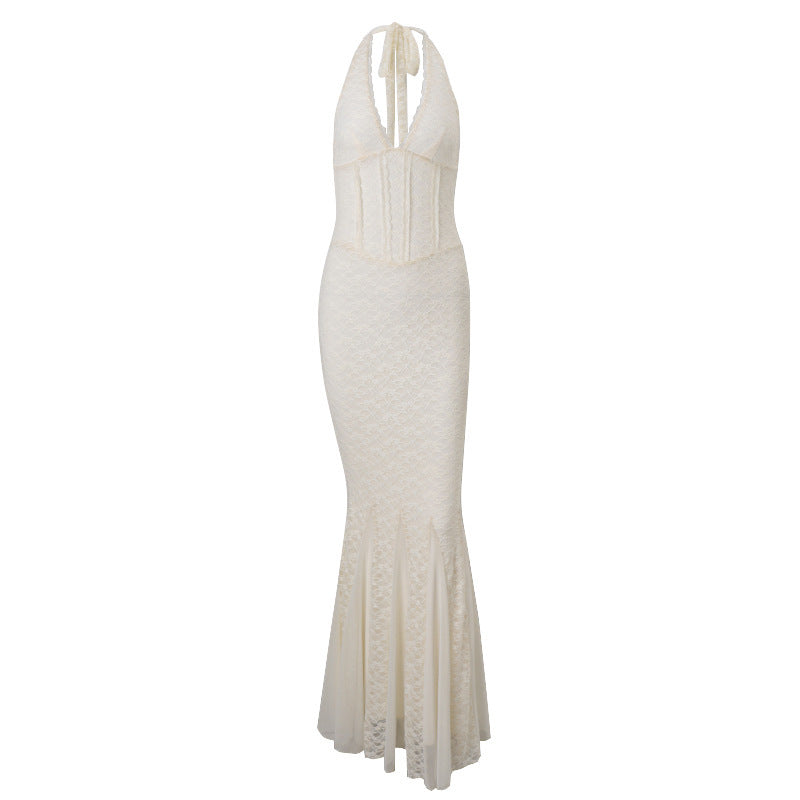 French Sexy Backless Lace Waist-tight V-neck Halter Fishtail Dress