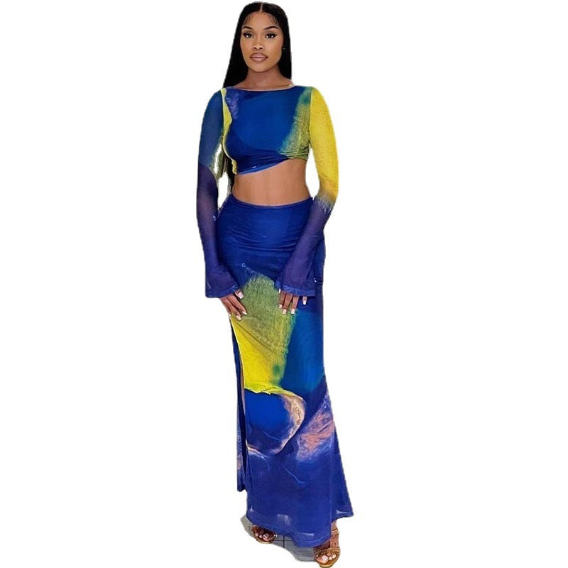 Printed Long Bell Sleeve top and long Skirt Set