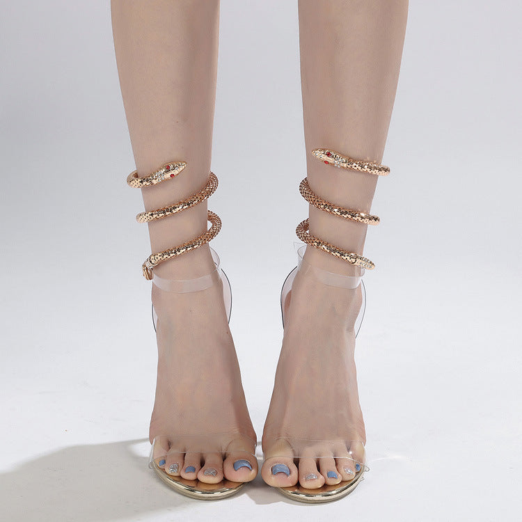 Rhinestone High-heeled Sandals Snakelike Winding Round Toe