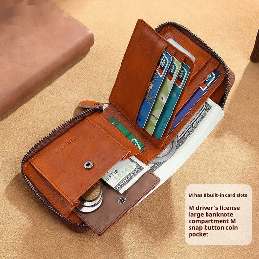 Men's Cowhide Wallet With Multiple Card Slots And A Zipper