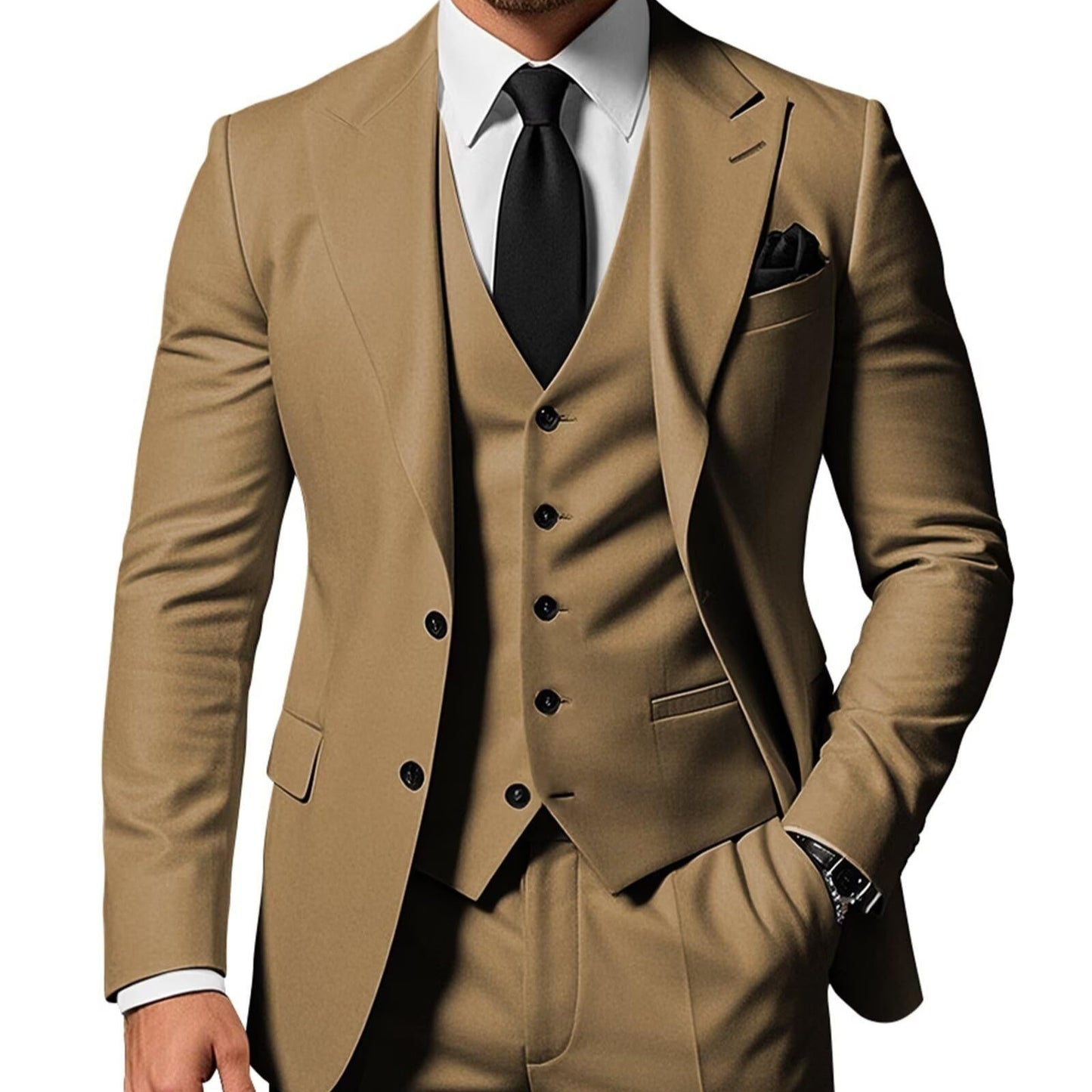 Men's Solid Color 2-piece Buckle Casual Jacket Vest Pants Suit