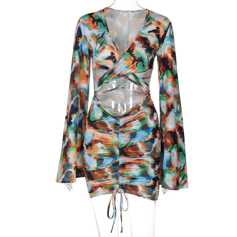 Women's Printed V-Neck Tie Long Sleeve Drawstring Hip Wrap Dress