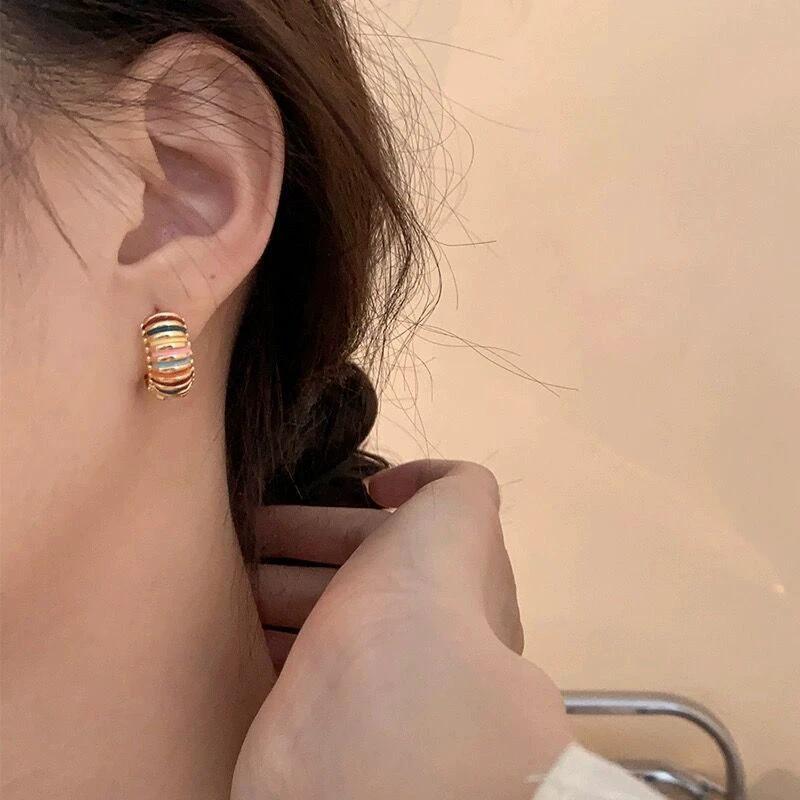 Retro Colorful Stripes Hoop Earrings Elegant Women's Light Luxury High-end Sense by GJG Denim