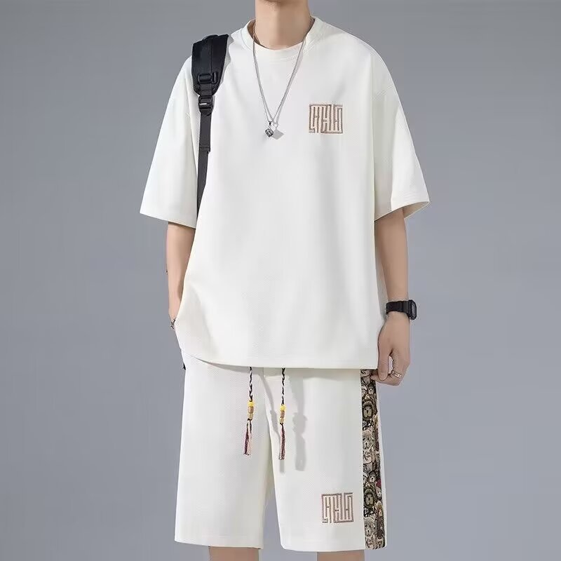 Waffle Embroidery Summer Loose All-match Short Sleeve Two-piece Set by GJG Denim