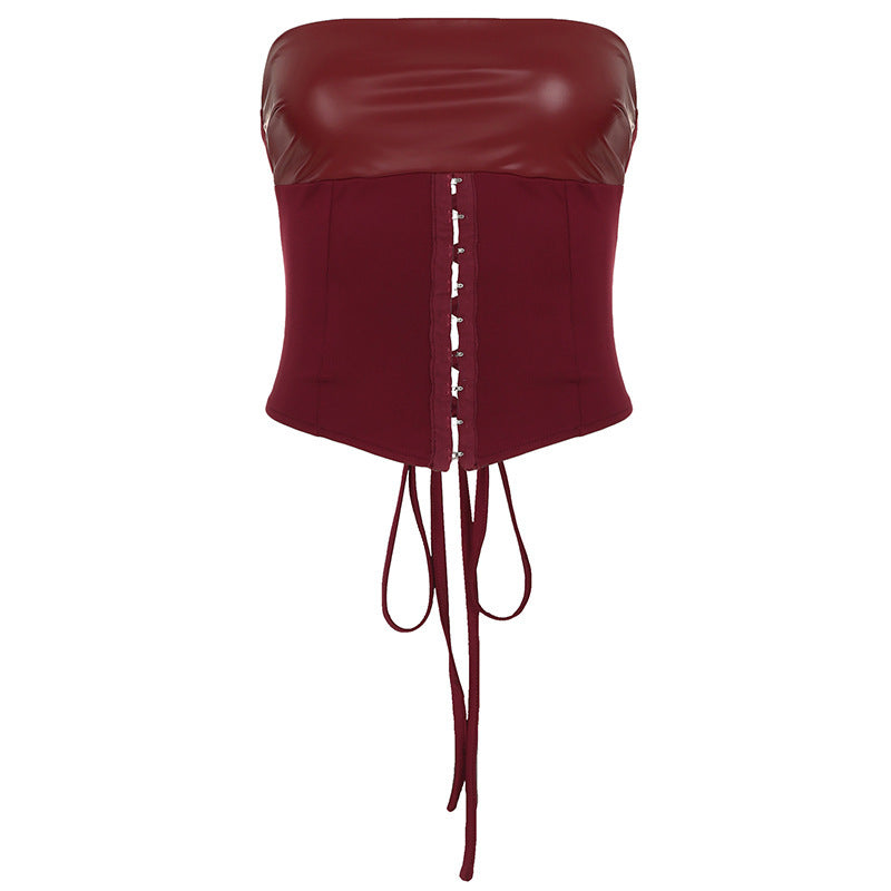 Lace-up Tube Top Leather Look Low Rise Hip Belted Skirt Set