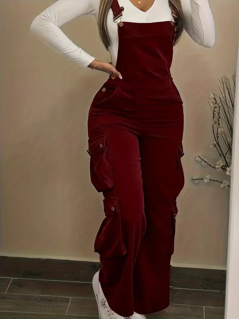 Women Casual Multi Pocket Corduroy Overalls Jumpsuits Straight Leg Cargo Pants by GJG Denim