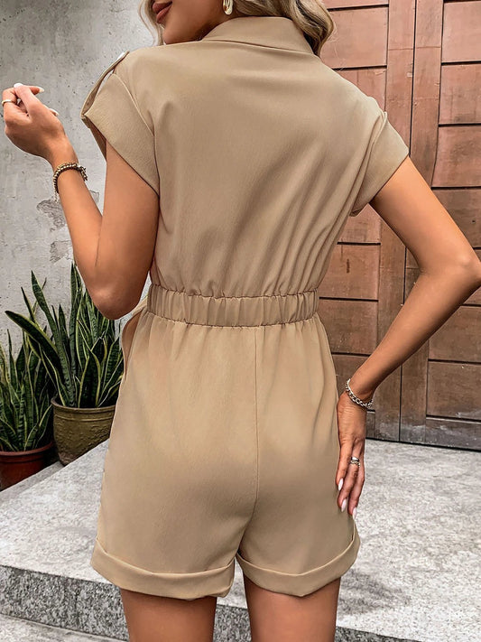 Collared Neck Tie Waist Romper with Pockets by Lady Ros