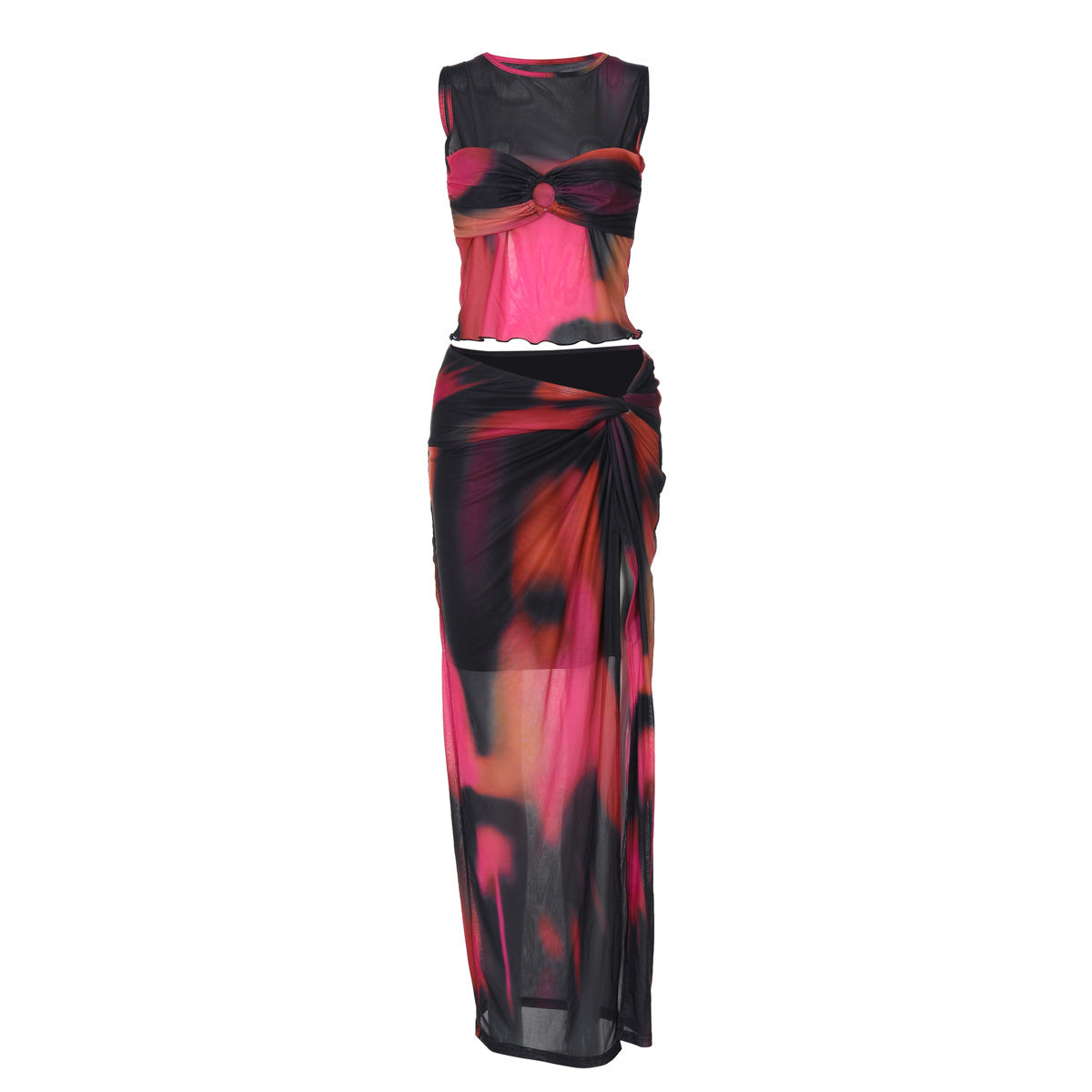 Women's Sleeveless Printed Mesh Half-length Long Dress Suit