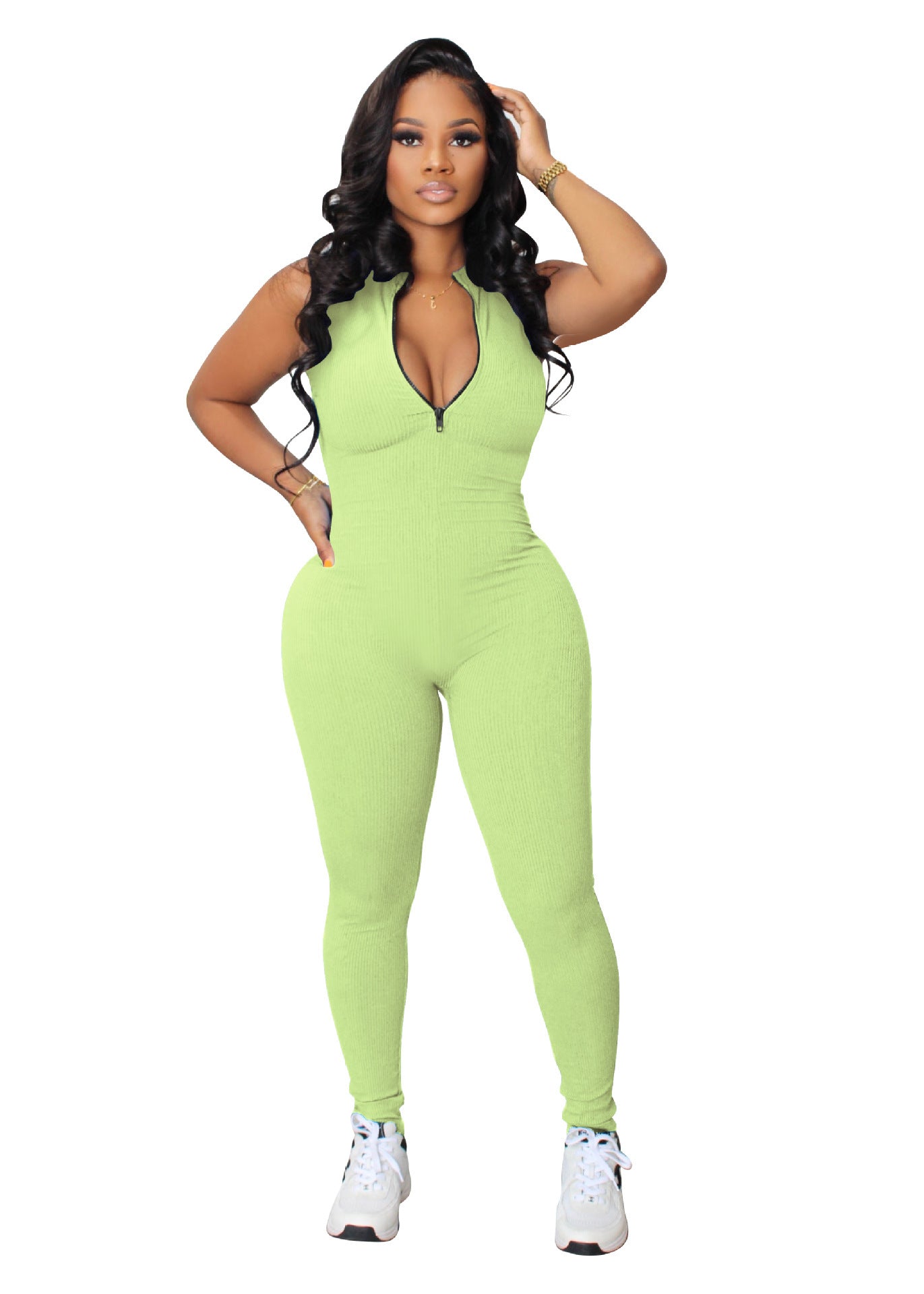 Women's Solid Color Stretch Small Sunken Stripe Zipper Jumpsuit