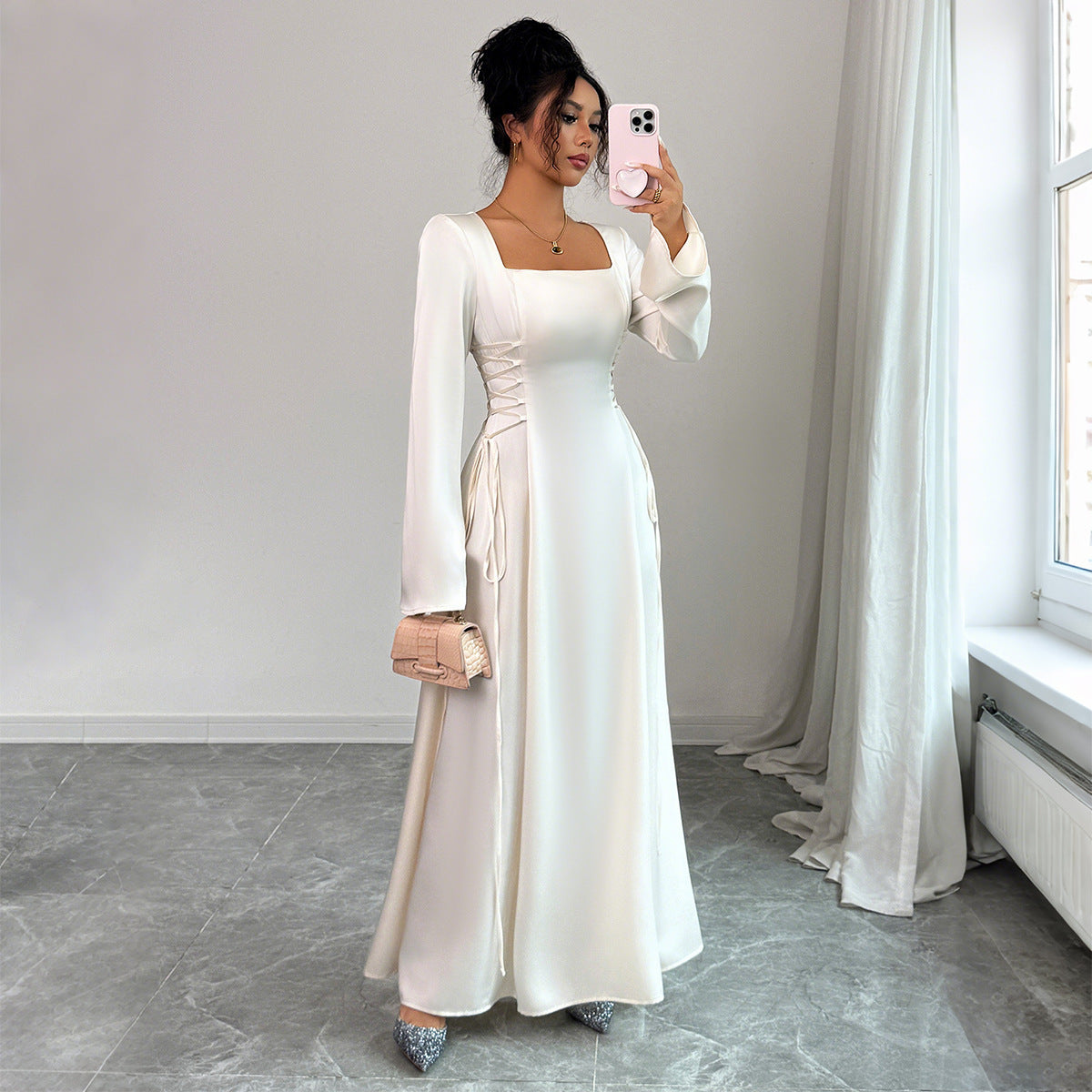 Elegant Solid Color Long Sleeve Dress Women's Clothing