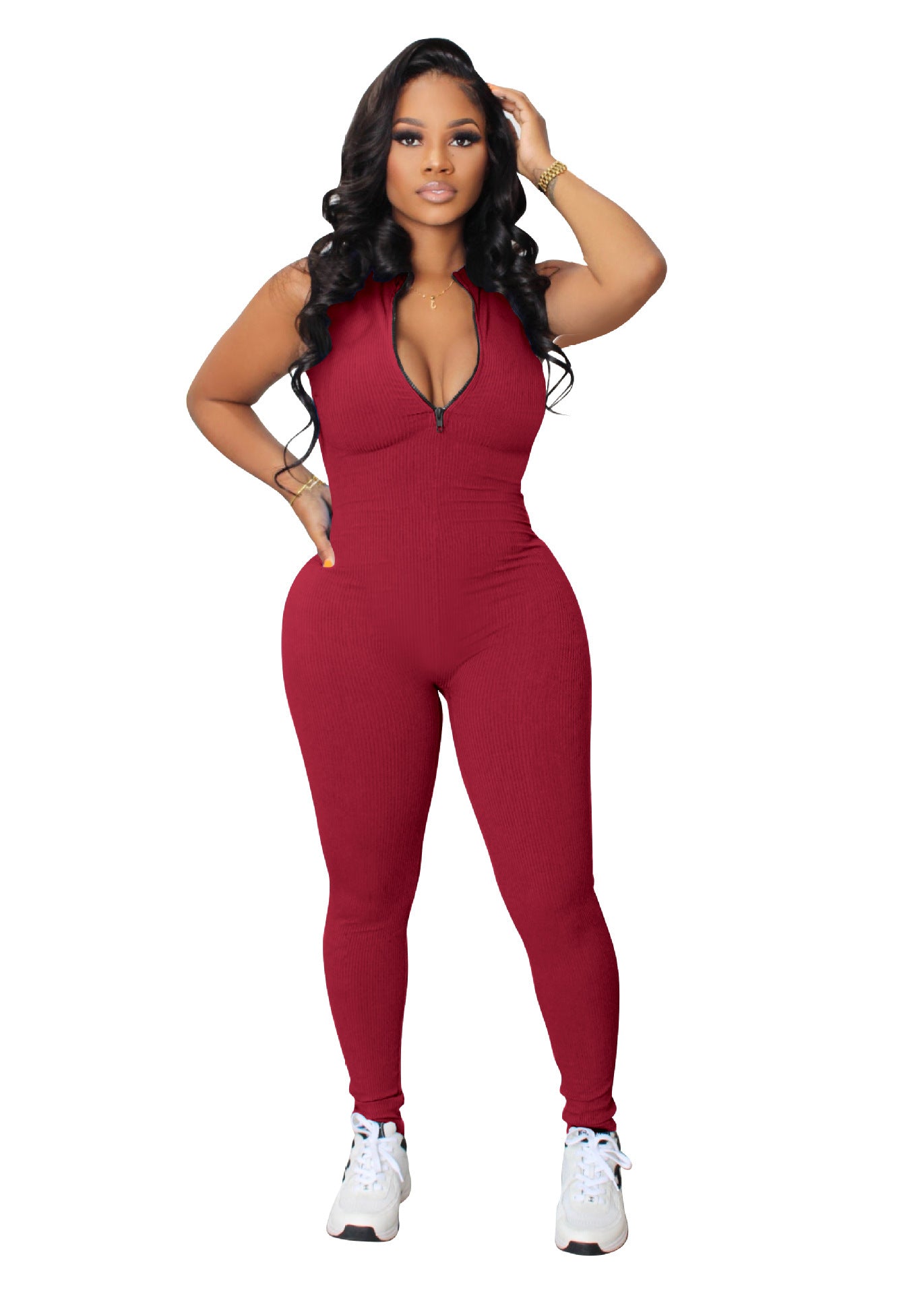 Women's Solid Color Stretch Small Sunken Stripe Zipper Jumpsuit