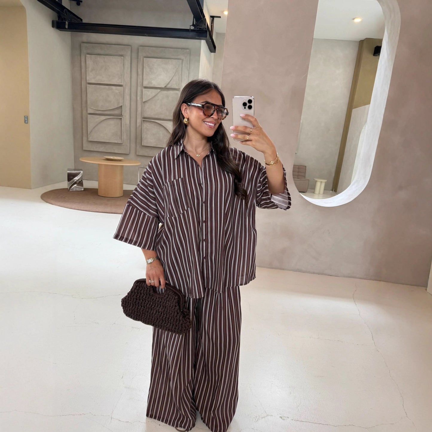 Casual Striped Shirt Wide Leg Pants Suit