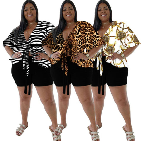 Women's Strappy Short-Sleeve Top And Printed Shorts casual Set