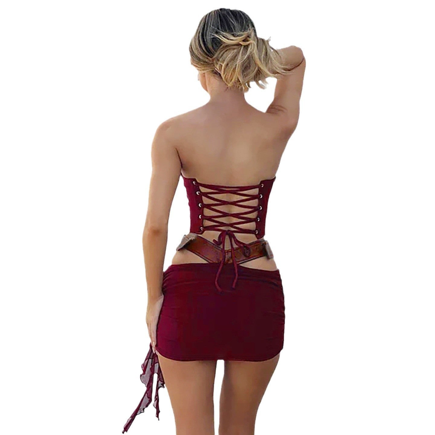 Lace-up Tube Top Leather Look Low Rise Hip Belted Skirt Set