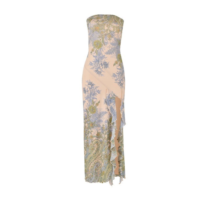 Printed Thigh Split Tube Top Dress