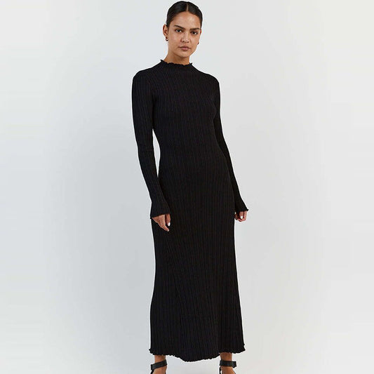Long Sleeve Knitted Wooden Ear Turtleneck Waist-controlled Slim Fit Slimming Dress by GJG Denim