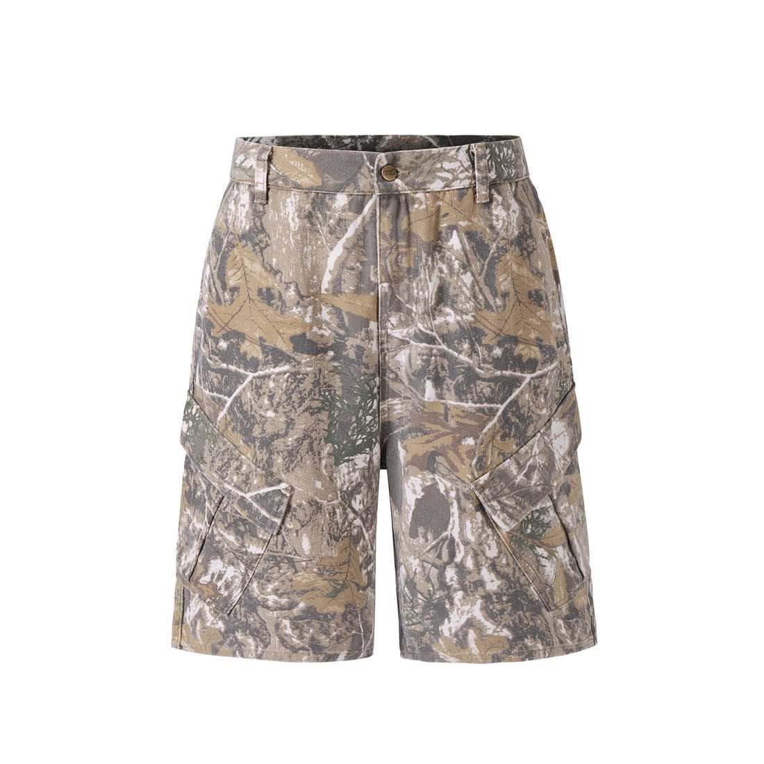 Retro Distressed Branch Camouflage Workwear Shorts