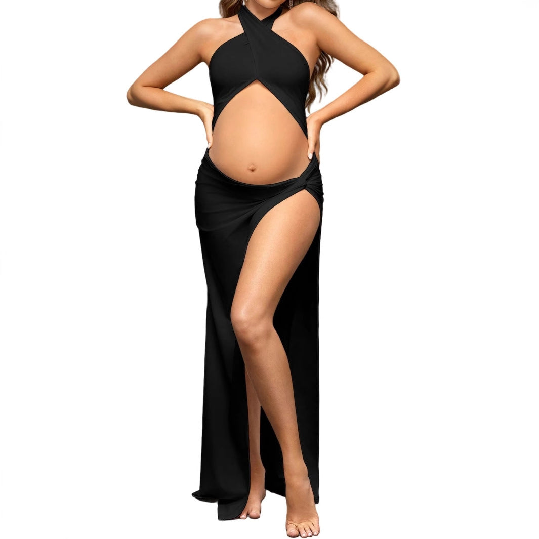 Slim Fit Pregnant Women Split Hollow Solid Color Dress