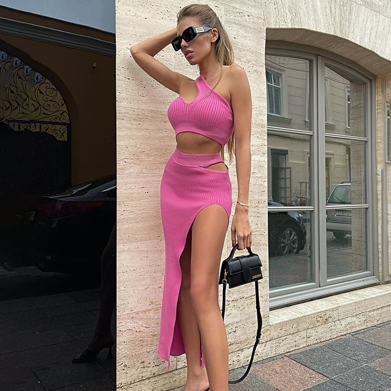 Women's Suits matching skirt crop top ribbed thigh.slit