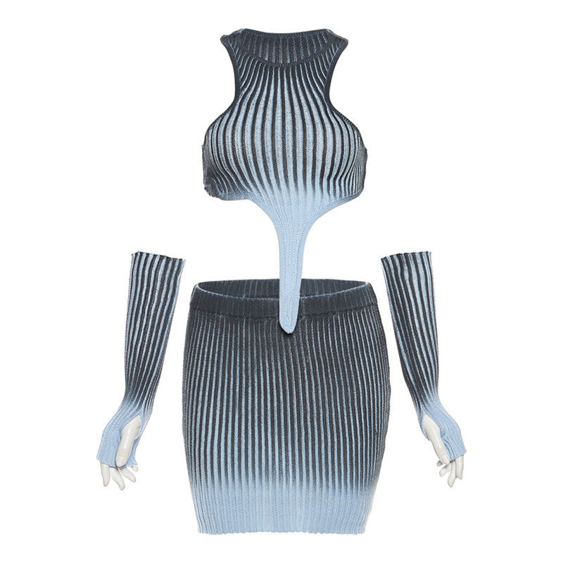 Knitted Gradient Irregular Top High Waist Skirt Set