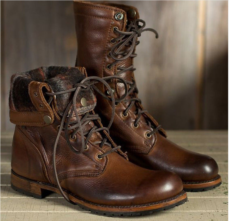 Men's Retro Motorcycle Lace-Up Combat Boots Low Heel