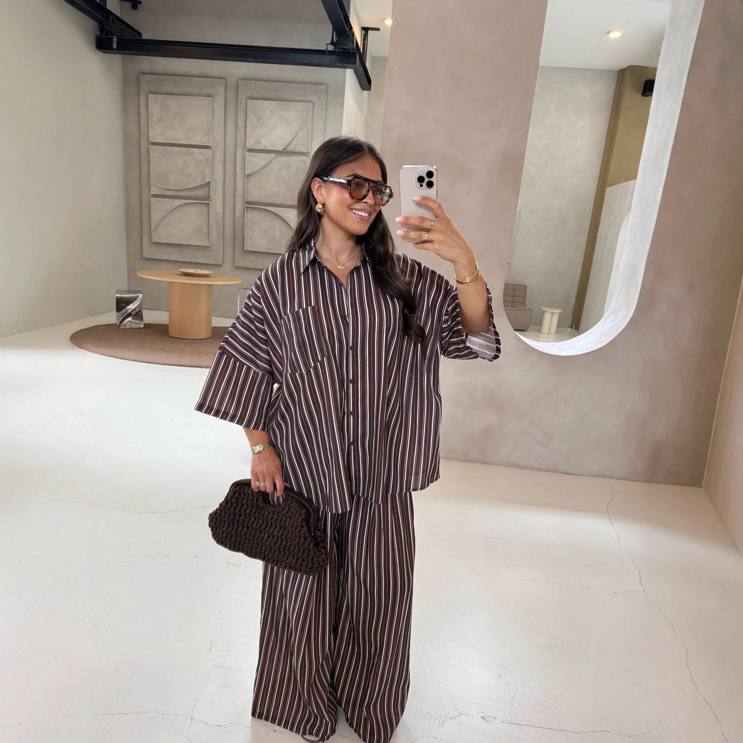 Casual Striped Shirt Wide Leg Pants Suit
