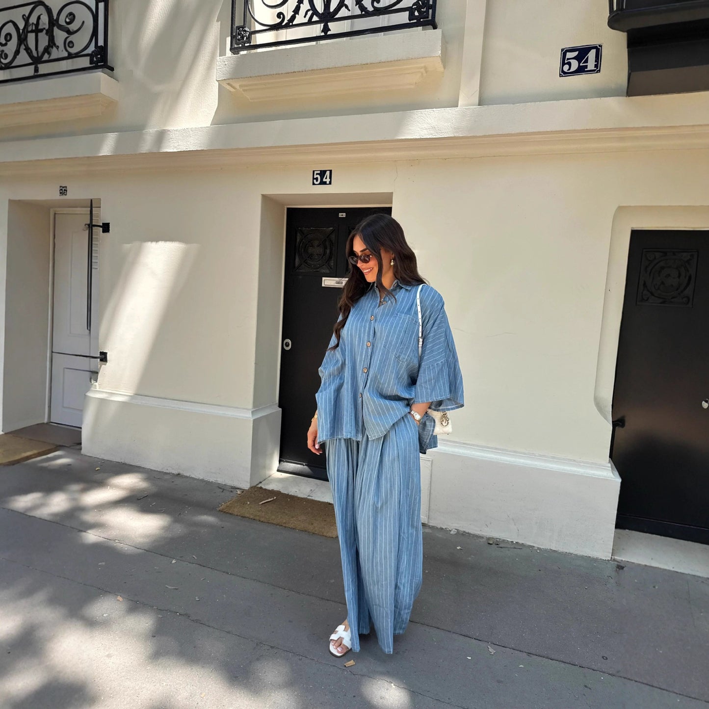 Casual Striped Shirt Wide Leg Pants Suit
