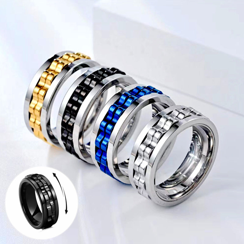 Men's Titanium Spinner Square Texture Polished Stainless Steel Gear Rotating Anxiety Fidget Rings