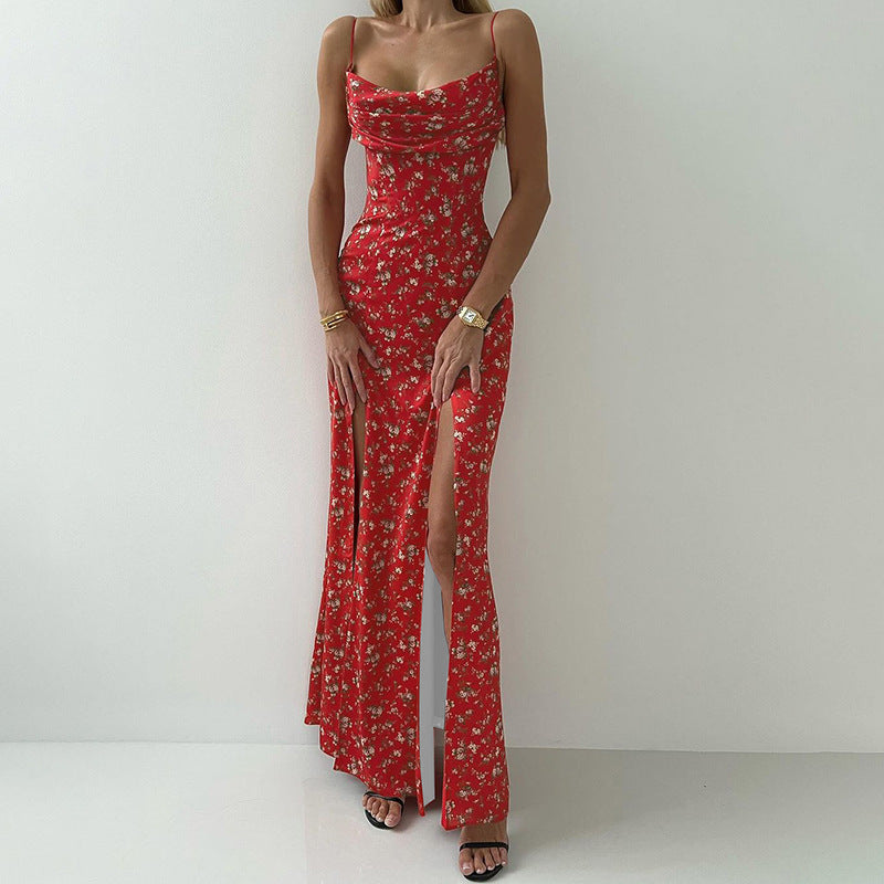 Women's Printed High Waist Slit Off-neck Dress