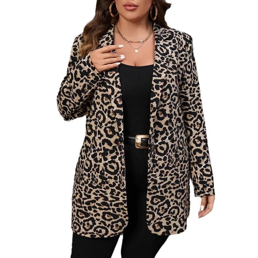 Leopard-print Slim-fit Fashion Plus Size Coat For Women