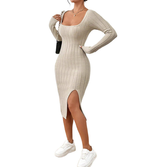 Square Collar Long Sleeve Knitted Dress Women by GJG Denim
