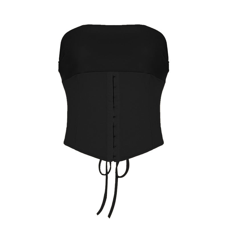 Lace-up Tube Top Leather Look Low Rise Hip Belted Skirt Set