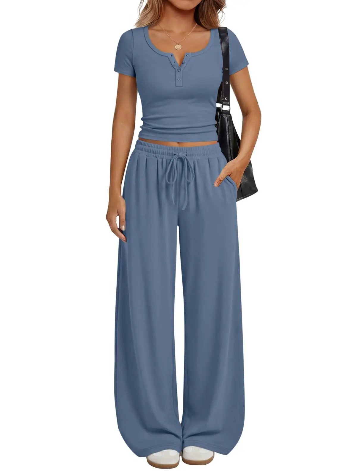 Women's Loungewear Short-Sleeve Top And Wide-Leg Pants Set by GJG Denim