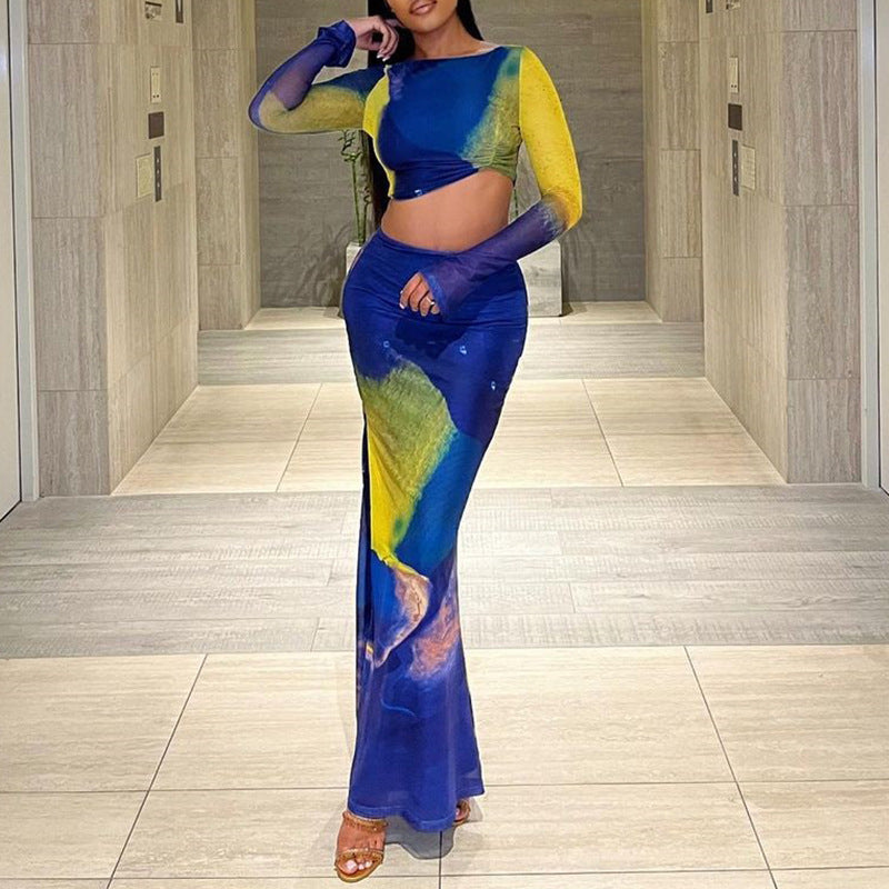 Printed Long Bell Sleeve top and long Skirt Set