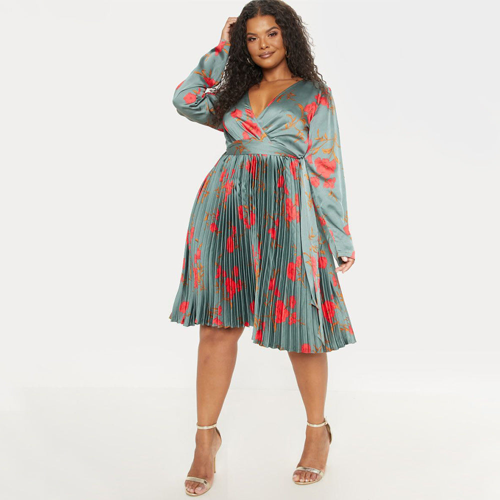 Deep V-neck Pleated Temperament Dress Women