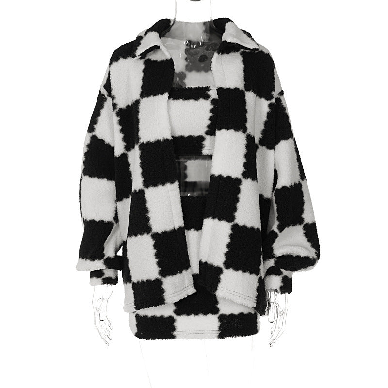 Black And White Plaid Coat and Skirt Set