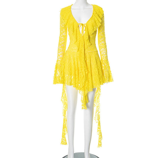 Lace-up Deep V Micro-cut Sleeve Tight-fitting Cinched Lace Dress