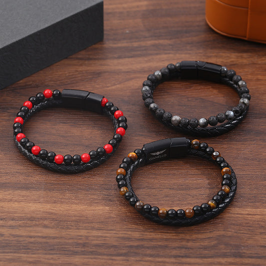 Men's Hand-woven Natural Tigereye Leather Beaded Bracelet