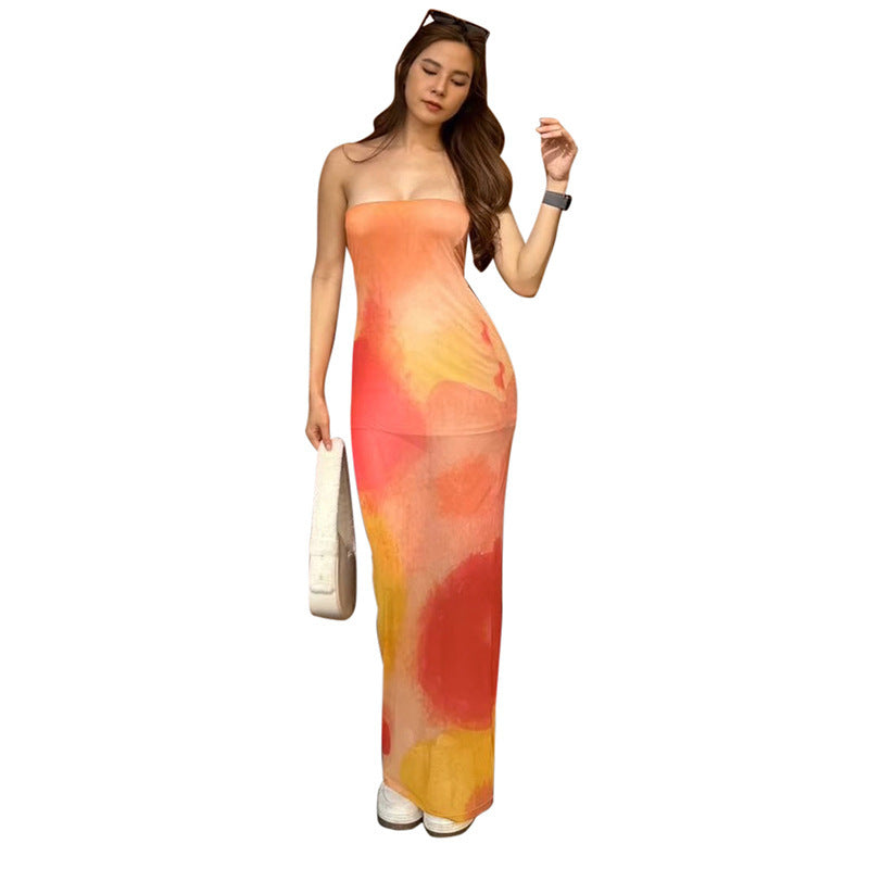 Contrast Color Tube Top Printing Dress