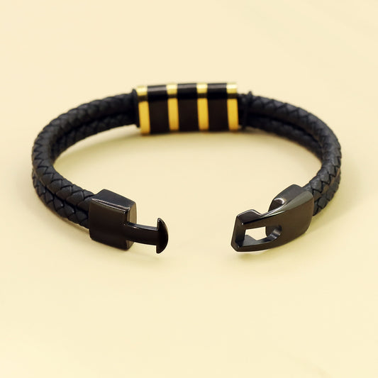 Black Leather Braided Stainless Steel Bead Bracelet For Men