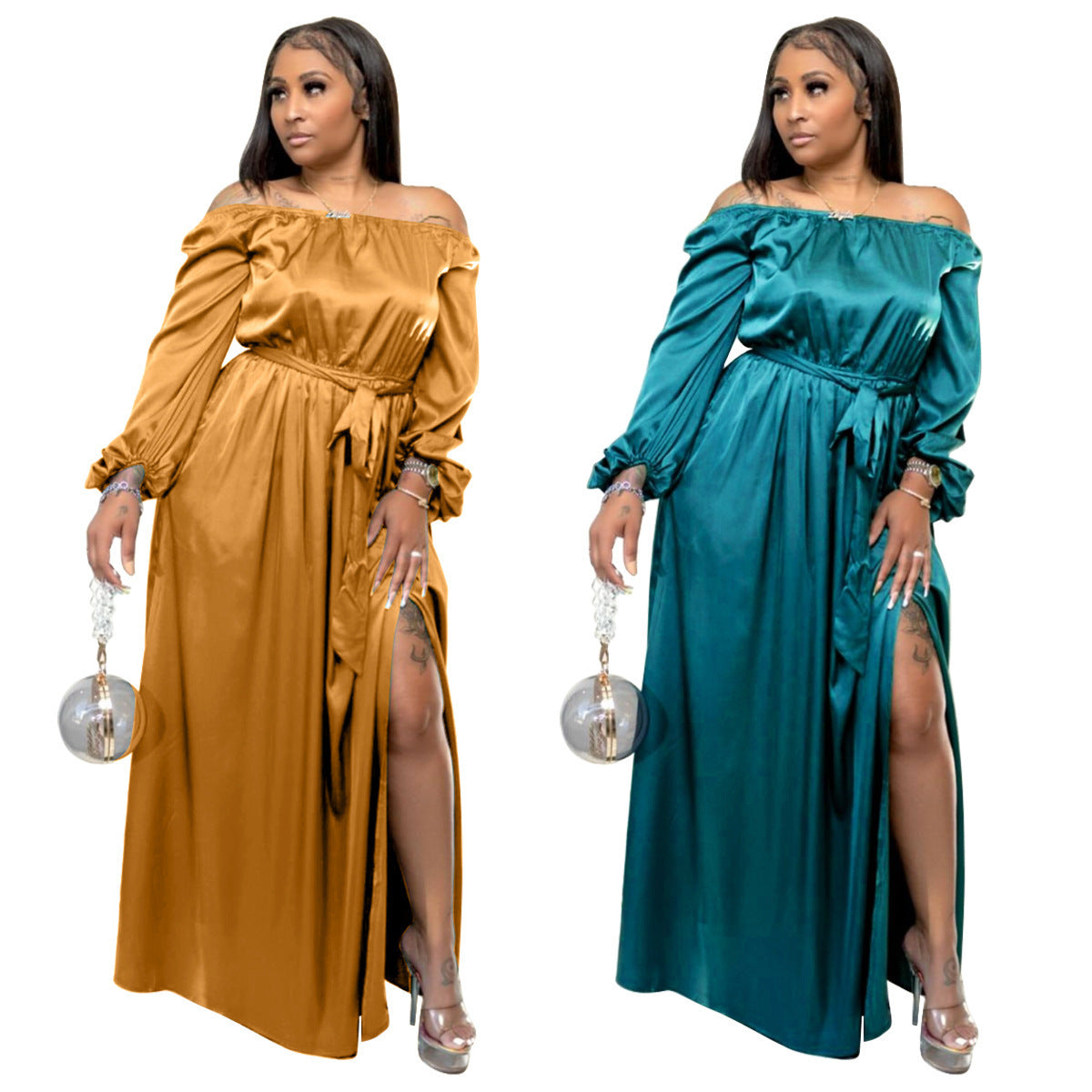 Off-shoulder Lace-up Lantern Sleeve Dress