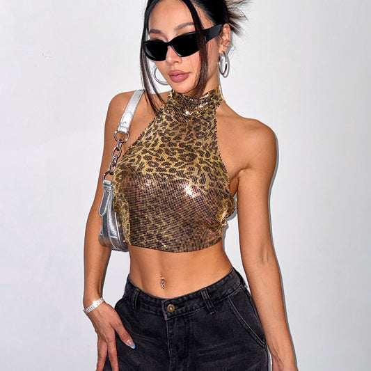 Leopard Print Vest Halter Sequin Sling Women by GJG Denim