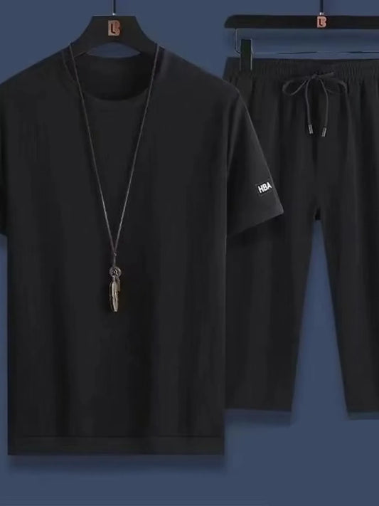 Men's Plus Size Round Neck Short Sleeve Top and Shorts Set