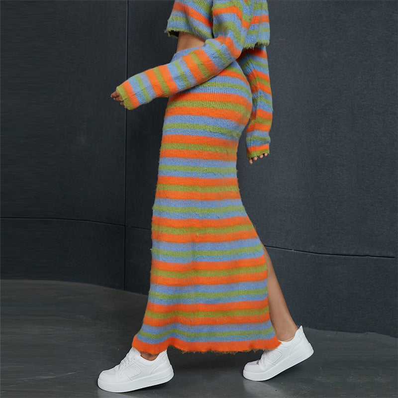 Stripe Sweater Crop Top Matching Long Skirt Split