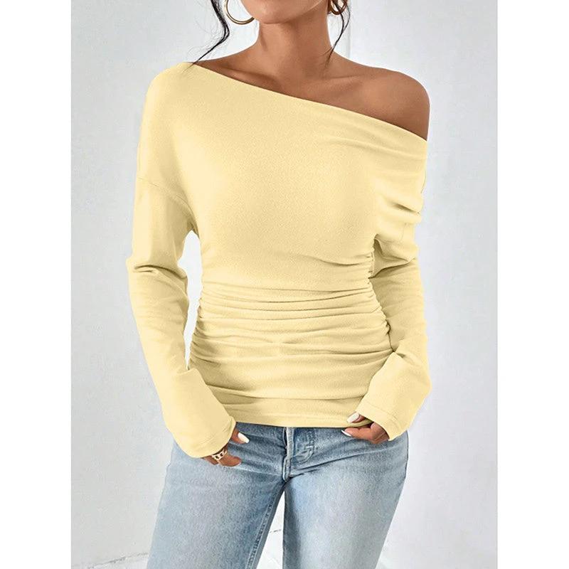 Women's Off The Shoulder Tops Long Sleeve T Shirts Going Out Tops Casual Trendy Ruched Slim Fitted Tees by GJG Denim